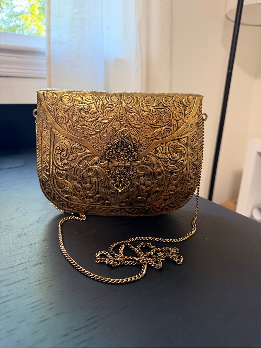 From St Xavier Ornate Gold Embossed Crossbody Bag with Chain Strap